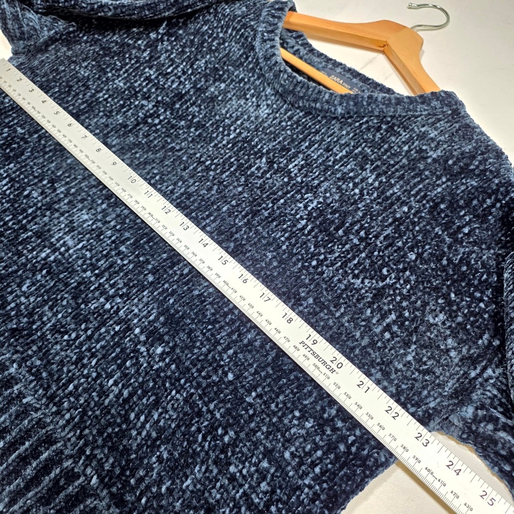 Zara Knit Sweater Womens S Navy Blue Chenille Cropped Scalloped Hem Cozy Plush - Picture 5 of 6